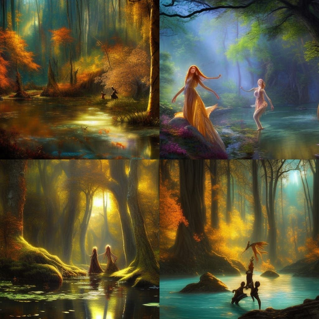 Beautifull Elves and Faeries dancing in a Golden Aspen Fores...
