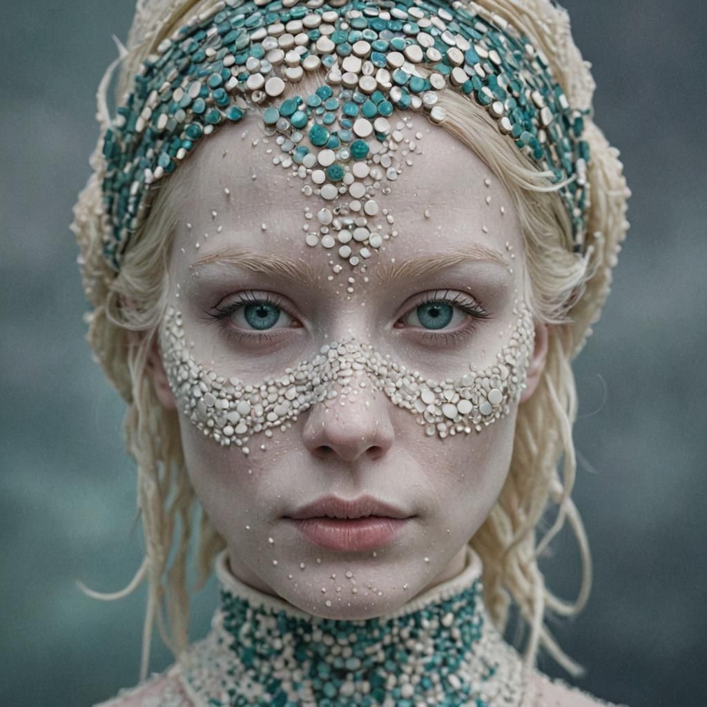 close-up photograph of a futuristic albino woman with a face...