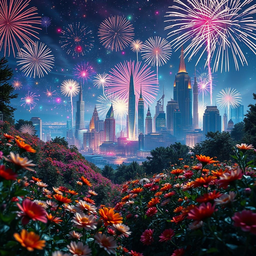 Surreal Galactic Cityscape Illuminated by Vibrant Fireworks