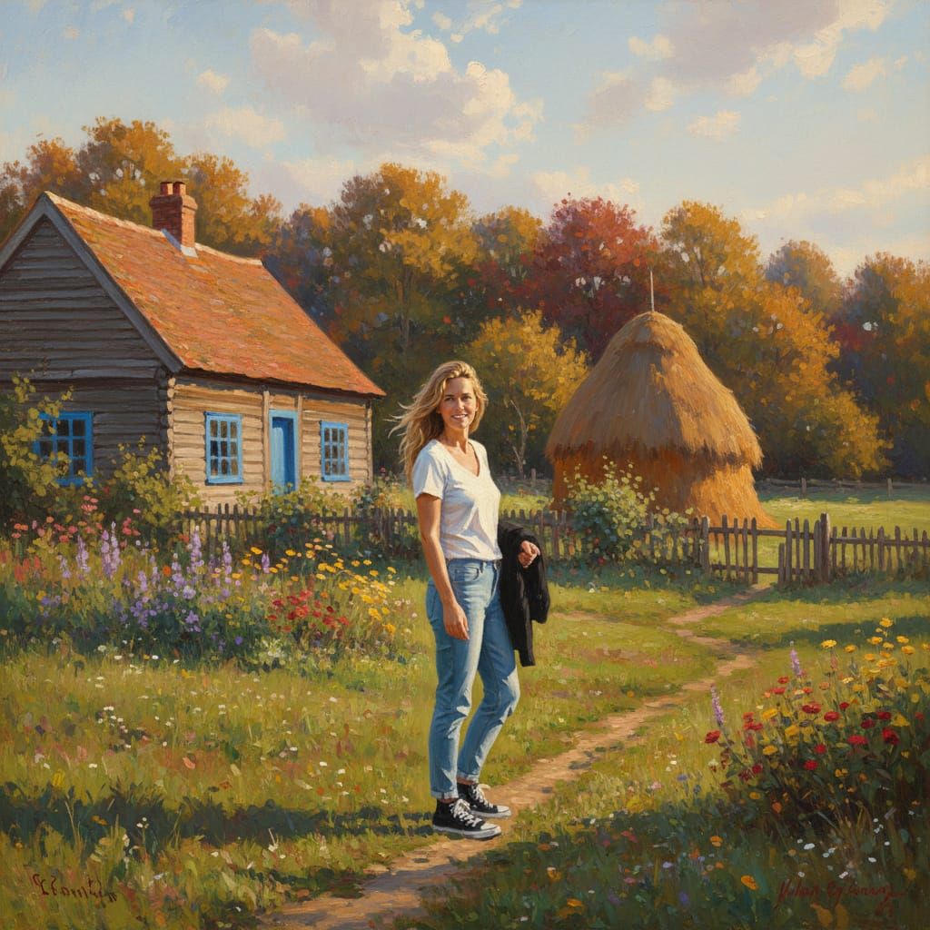 A serene, sun-drenched pastoral scene unfolds, dominated by a  Caucasian woman, mid-30s, her long, flowing blonde hair cascading down her sh...