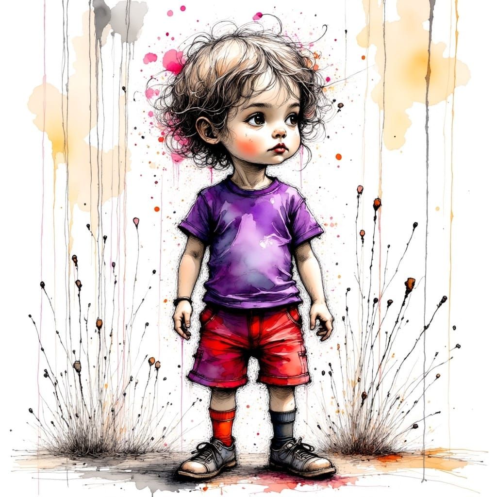 <lora:Ink Poet:1.0> Text:  Done is better than perfect. Background: a child dressed with one black sock and one orange sock and shoes on the...