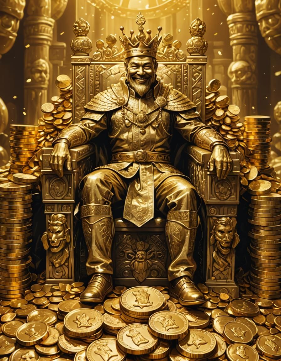 gold monochromatic art work, smiling king on throne of stack...