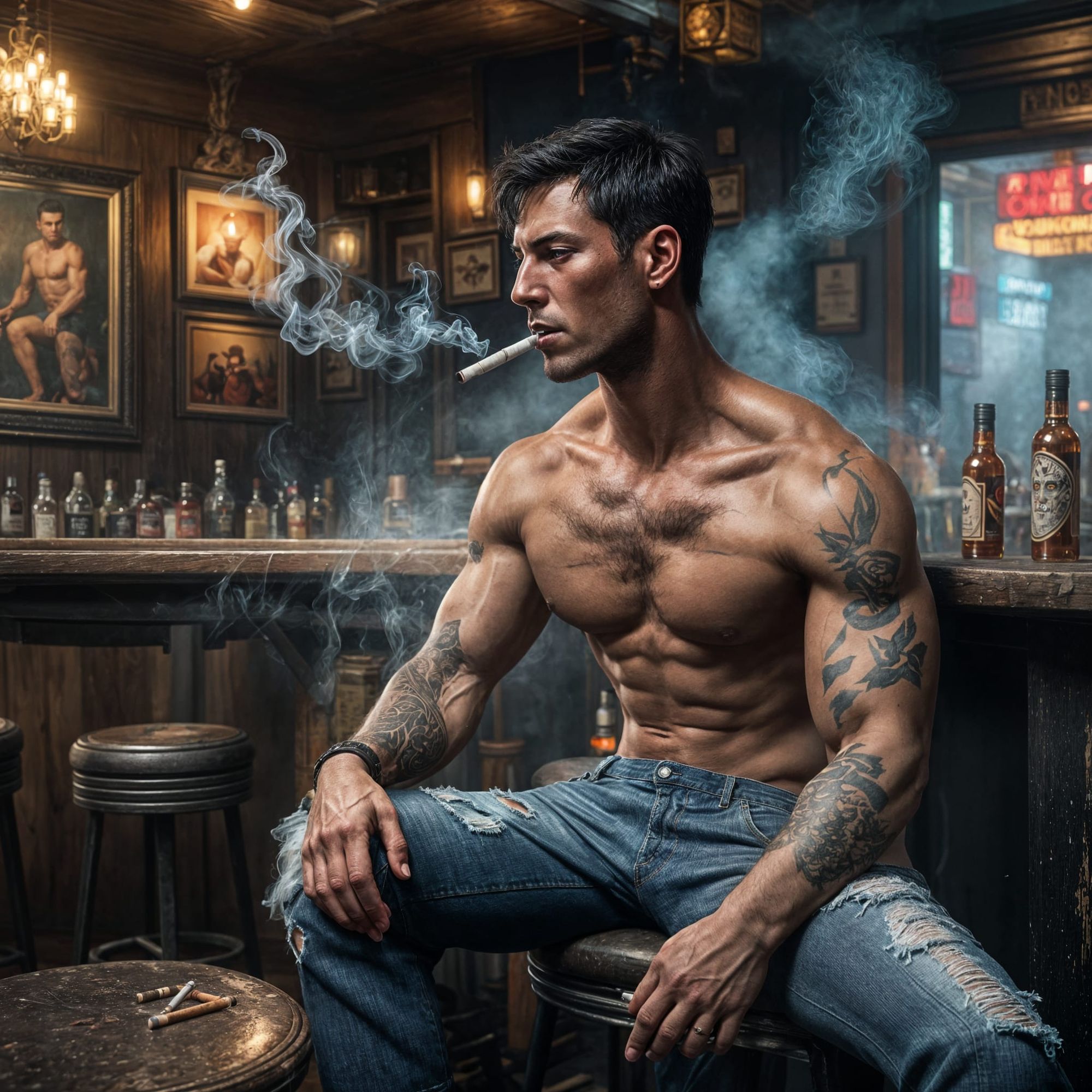 Handsome very muscular shirtless male with short black hair wearing torn jeans smoking a cigarette in smoky gay bar 