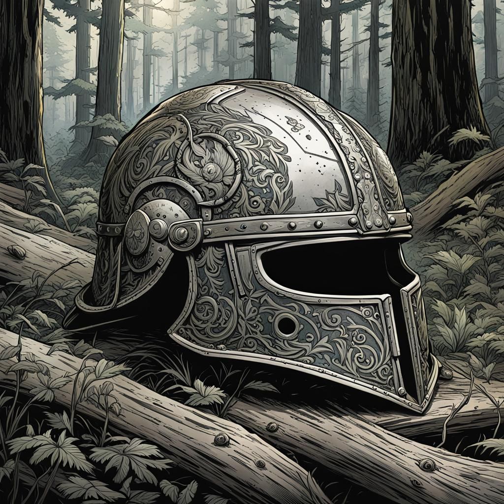 battle worn metal helmet on a forest clearing  by @Base the Bass