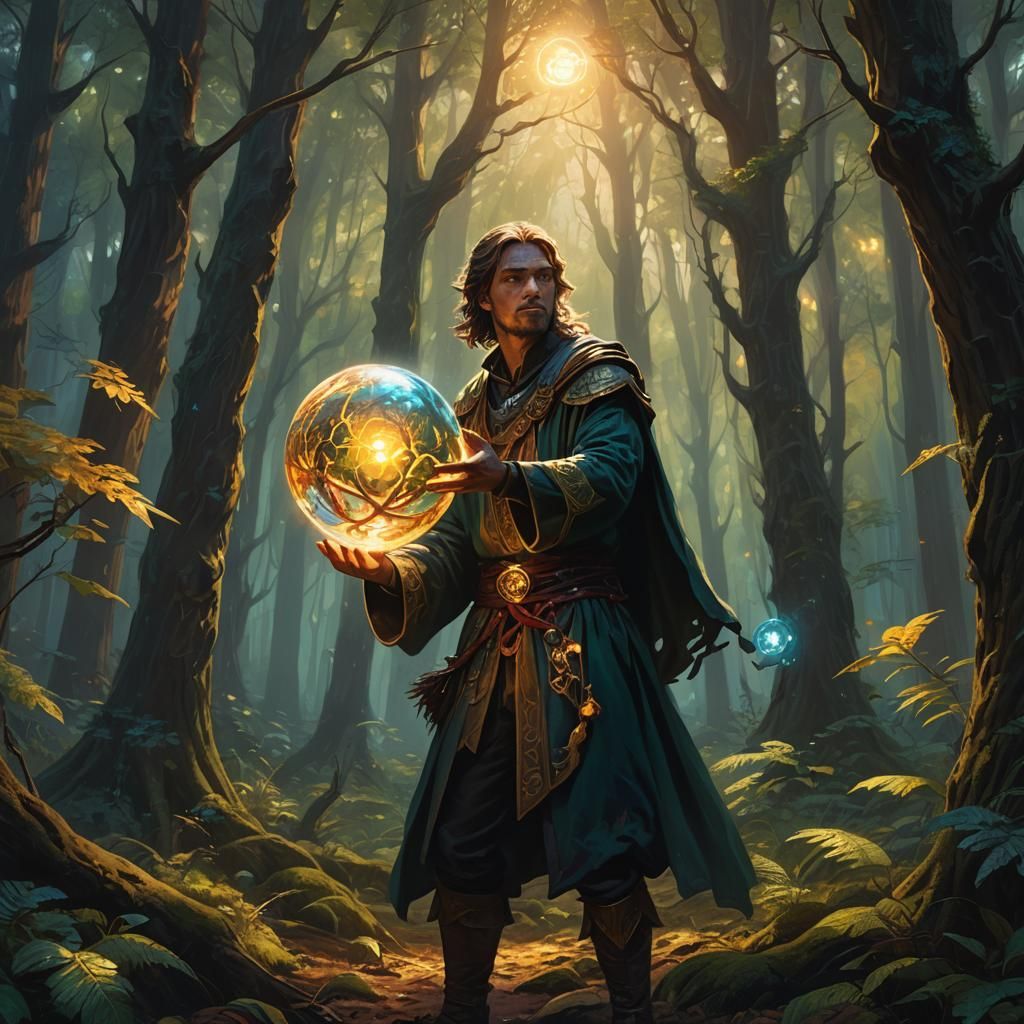 Mystical Being with Orb in Fantasy Forest