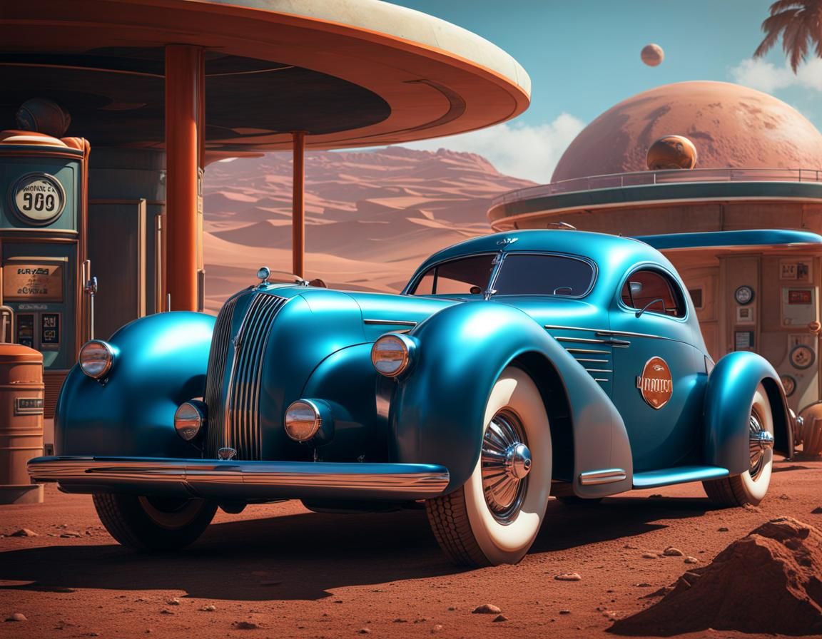 1939 Art-déco super car, front wiew 3/4, With Retro gas station, on Mars