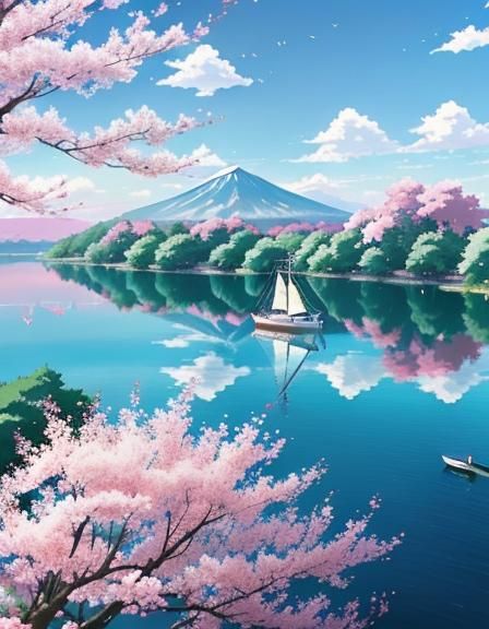 A ,BEAUTIFUL  LAKE, WITH A SAILBOAT ON THE LAKE,CENTERED, BL...