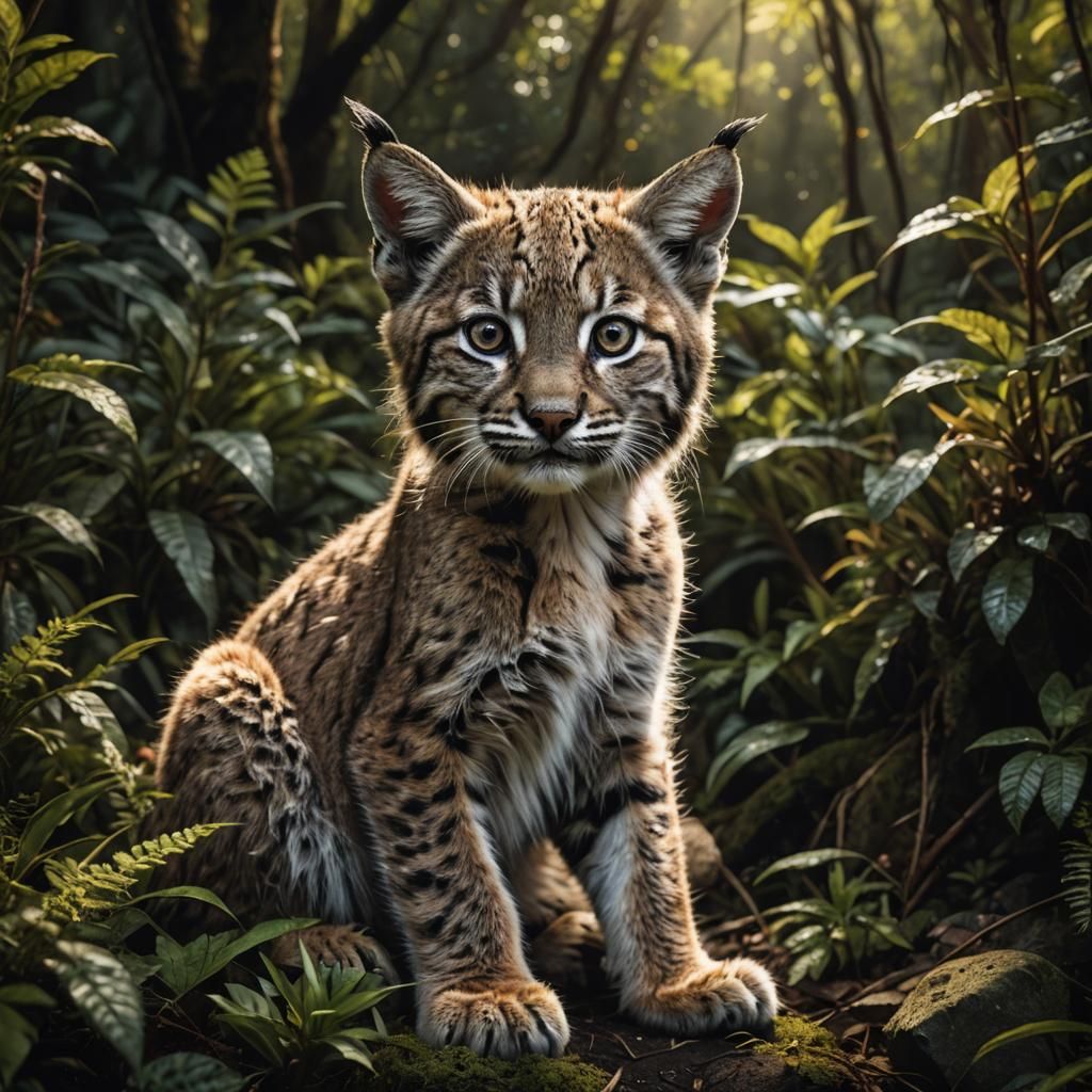 Closeup of a sitting Baby bobcat surrounded by forest plants and looking up with dark expressive eyes reflecting with light. Cinematic drama...