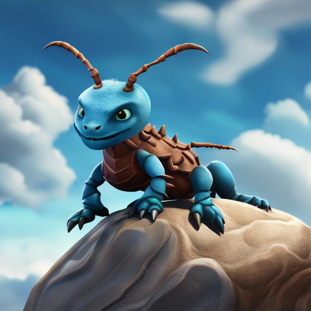 ant-dragon on a boulder, blue sky background, realistic, high ...