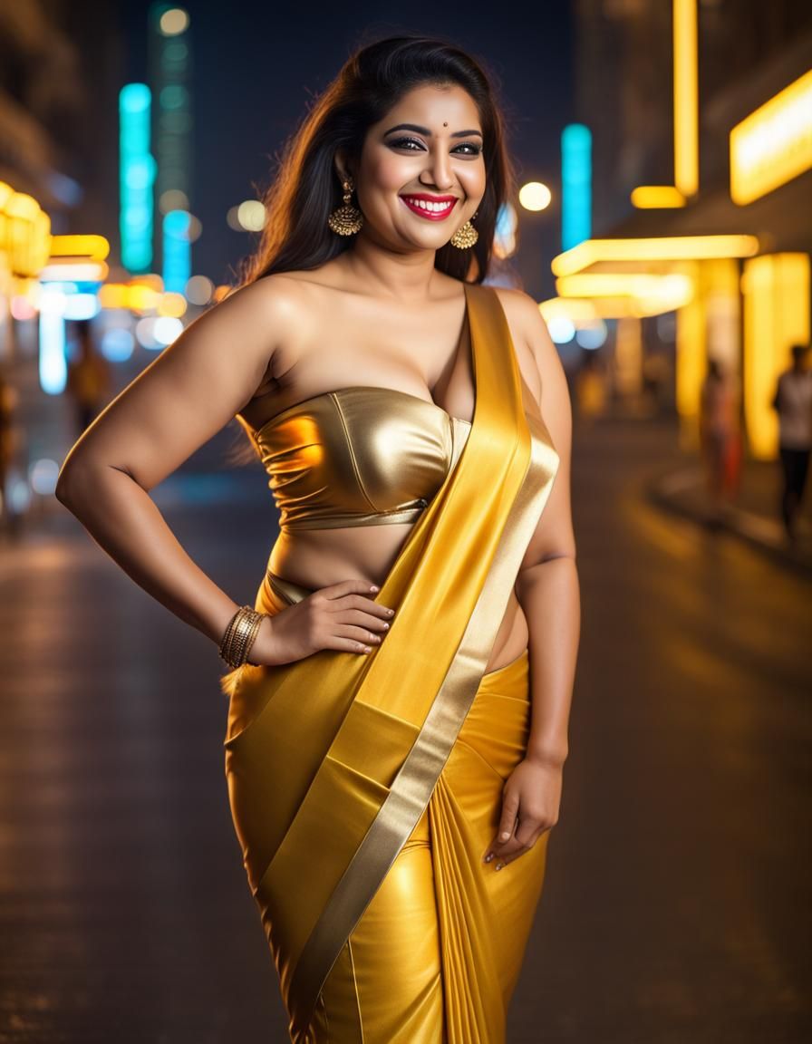 Hyper Realistic, curvy women with slim waist, smile on face, 60 D chest size, golden leather saree and ...  by @Alpesh