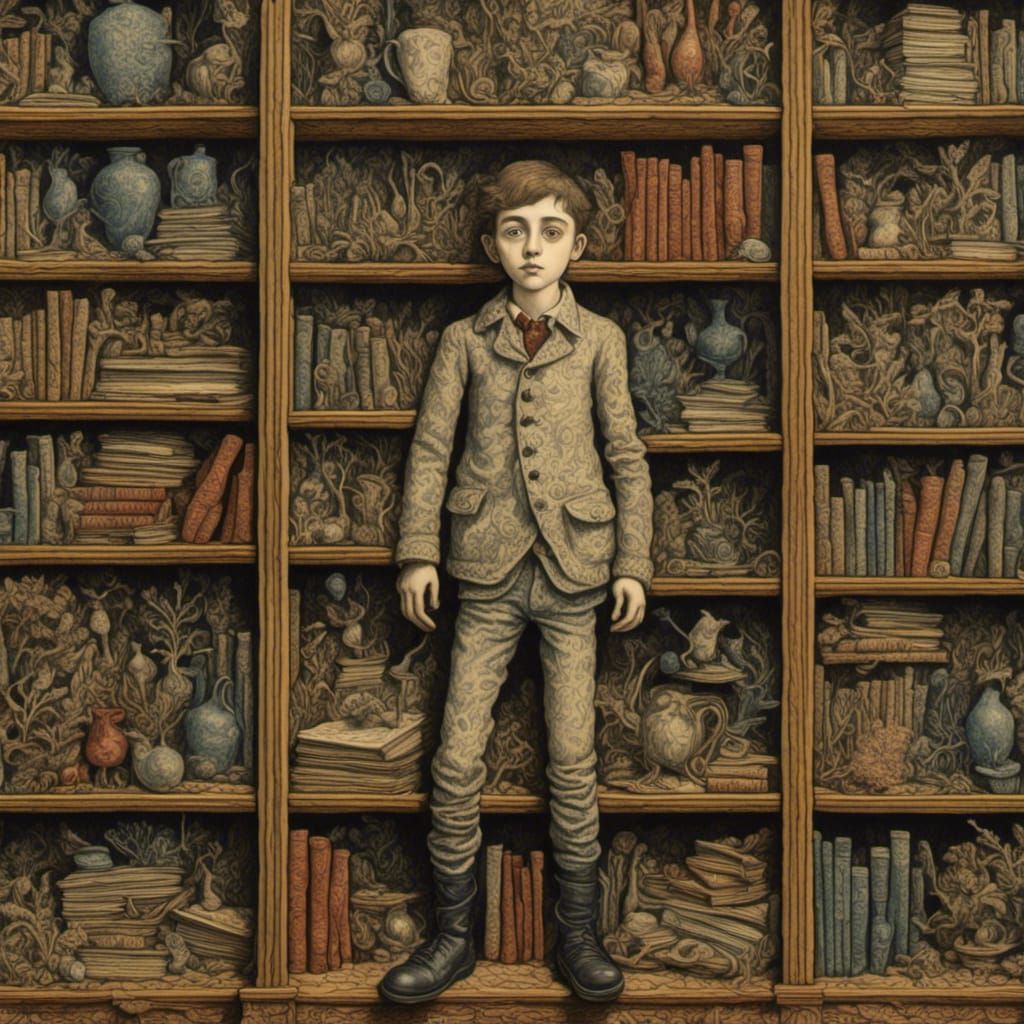 A boy in a bookcase, <lora:Psychedelic Diorama:1.0>