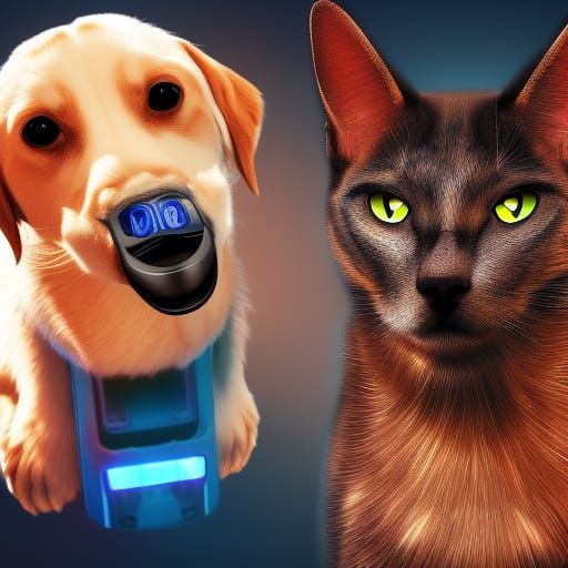 Cyberpunk cat and dog smiling next to each other, Hyperdetai...