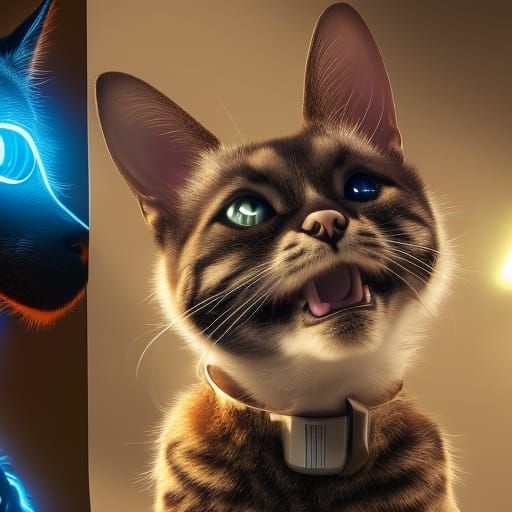 Cyberpunk cat and dog smiling next to each other, Hyperdetai...