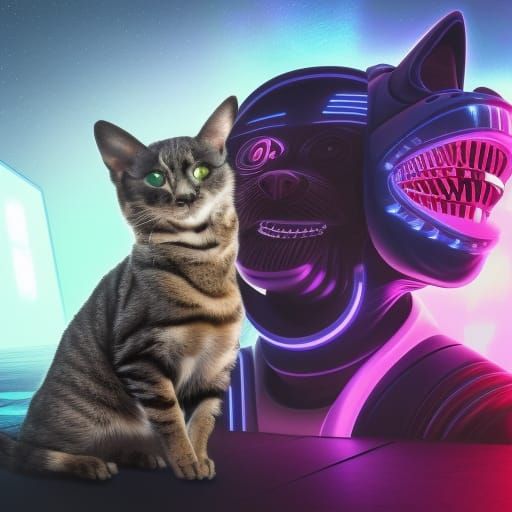 Cyberpunk cat and dog smiling next to each other, Hyperdetai...
