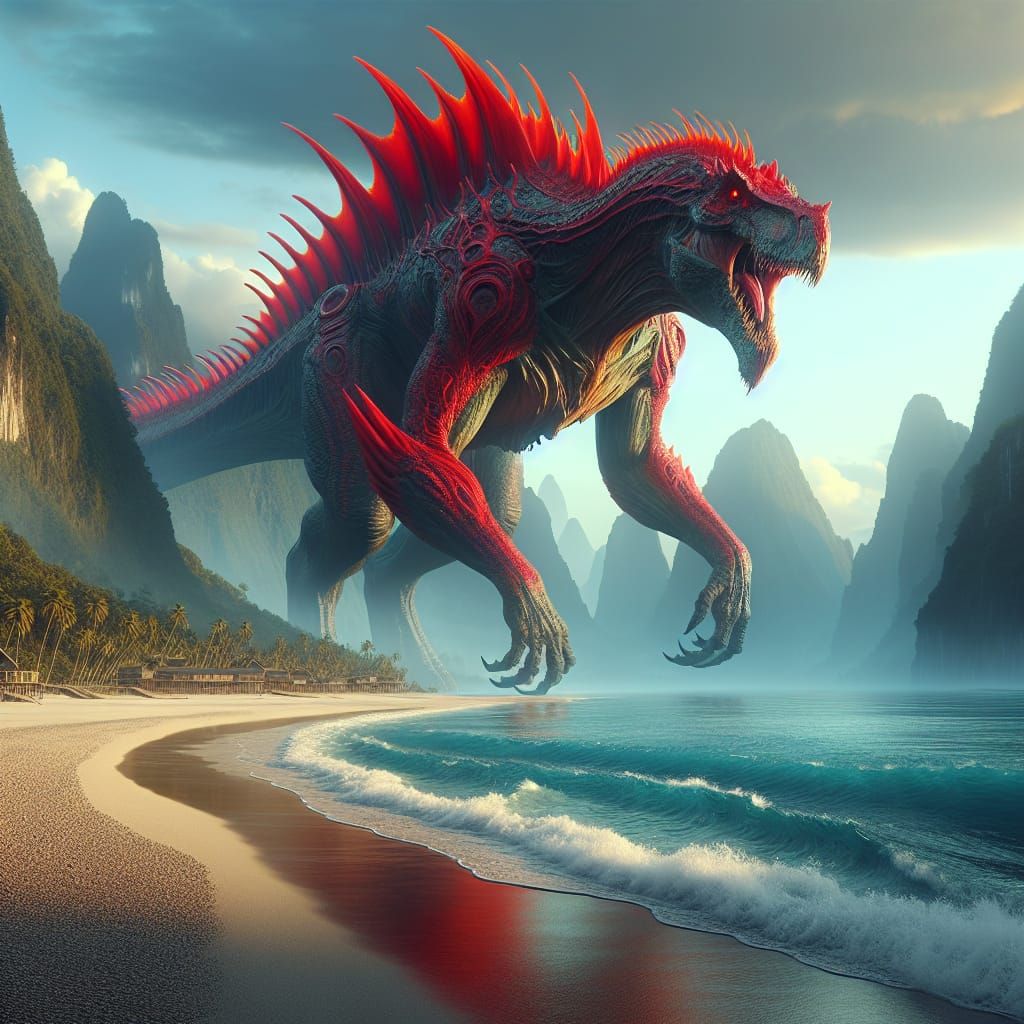 Godzilla with bright red dorsal spines, standing on the beac...
