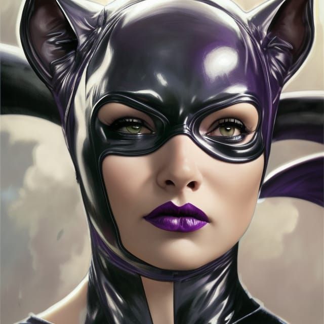 cute beautiful Catwoman anatomically correct, dark purple li...