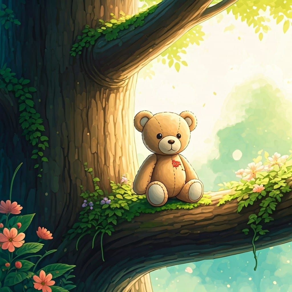 Whimsical Bear Surrounded by Nature in Pastel Hues
