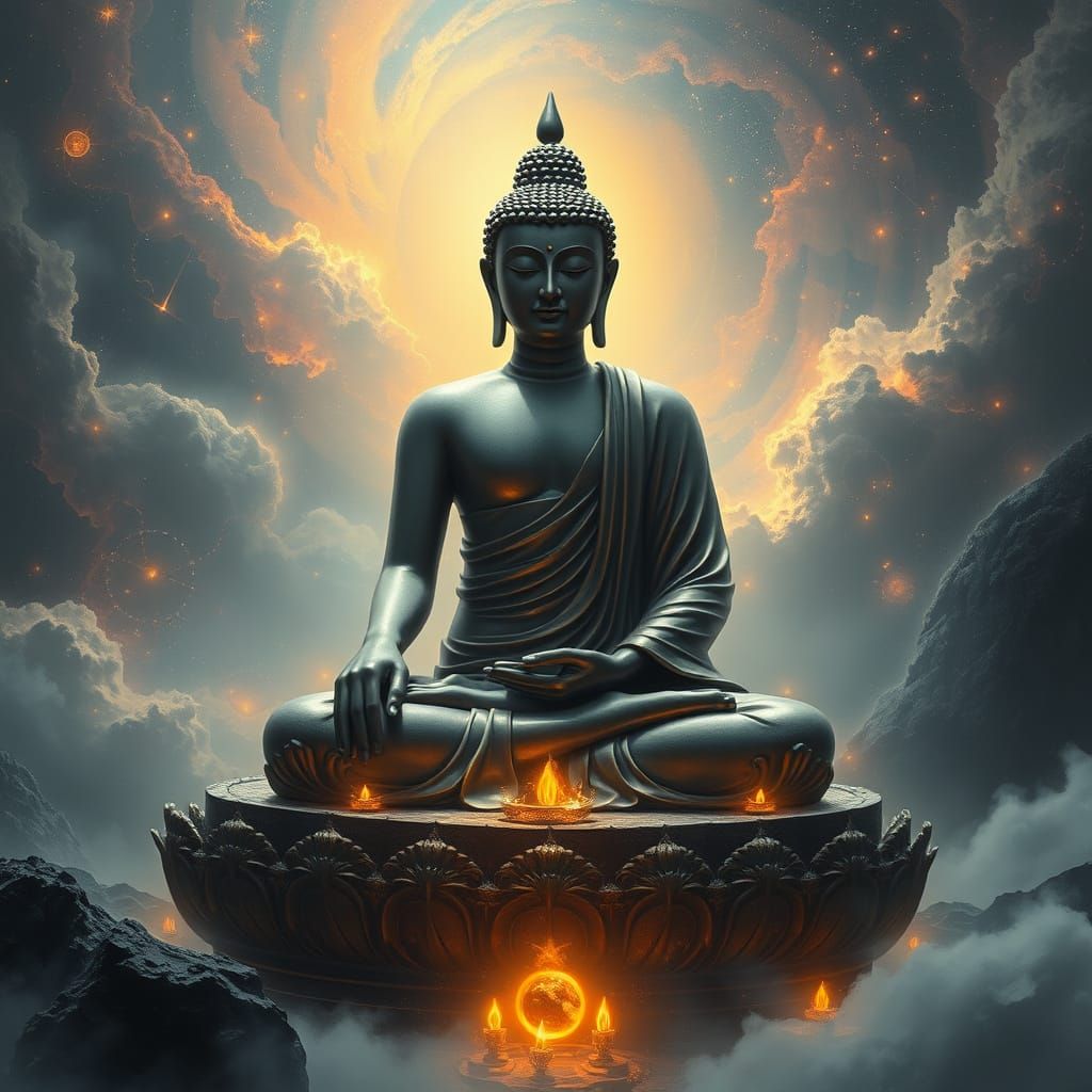 Serene Buddha in Cosmic Dreamscape: Holographic Illustration