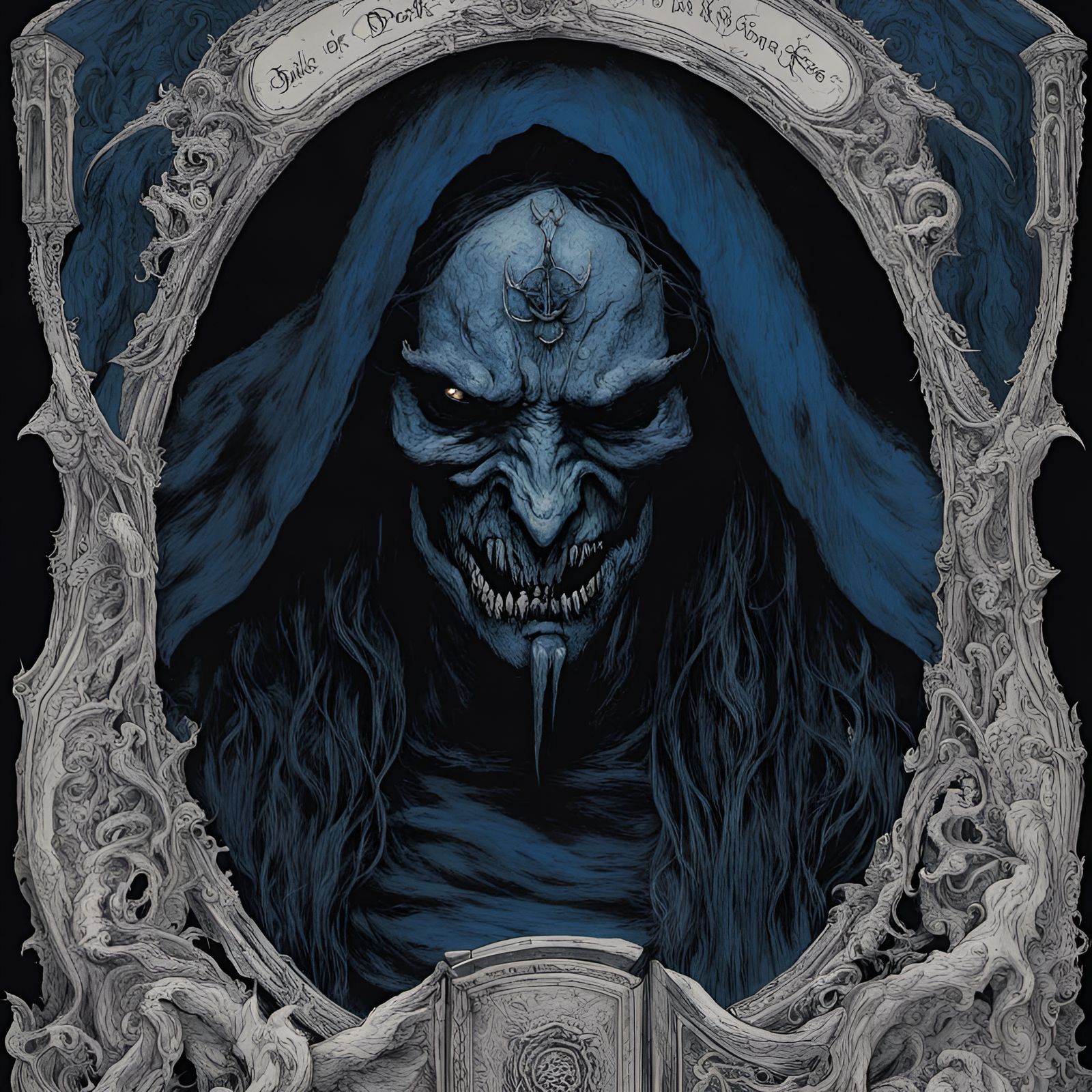 Demon of Book,dark blue,in the style of Eerie Magazine,black...