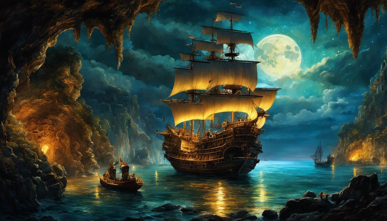 "Fantastical Starry Night with pirates in cave looking out at pirates ship-3664....... God Is Available. ...  by @Preppergal
