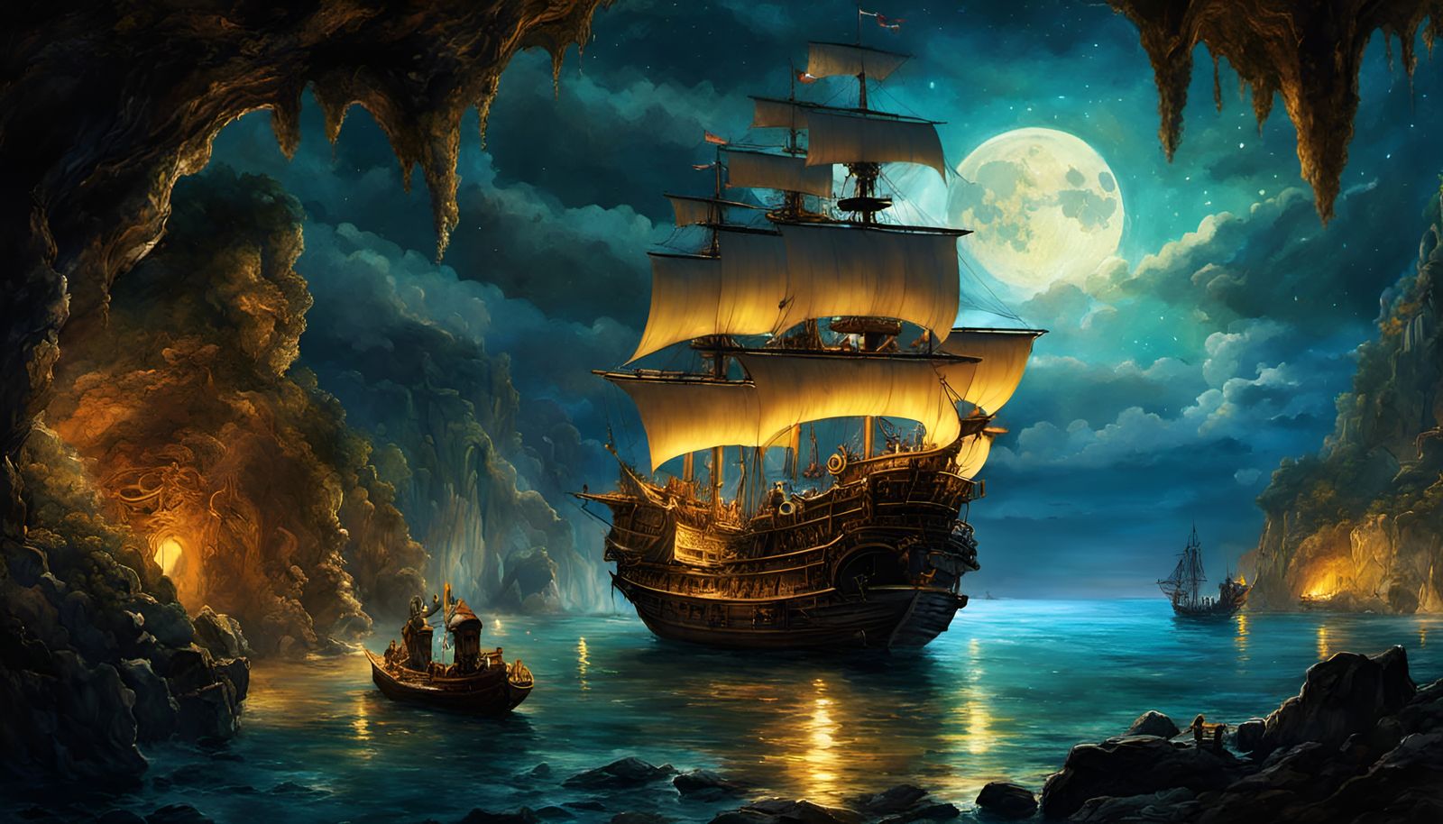 "Fantastical Starry Night with pirates in cave looking out a...