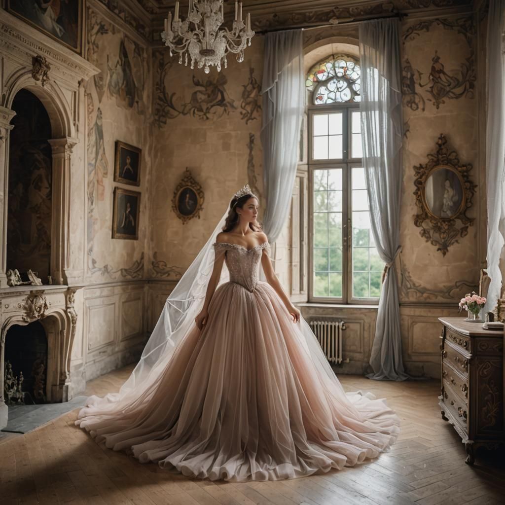 A princess wearing tulle with flowing and shear fabric in a ...