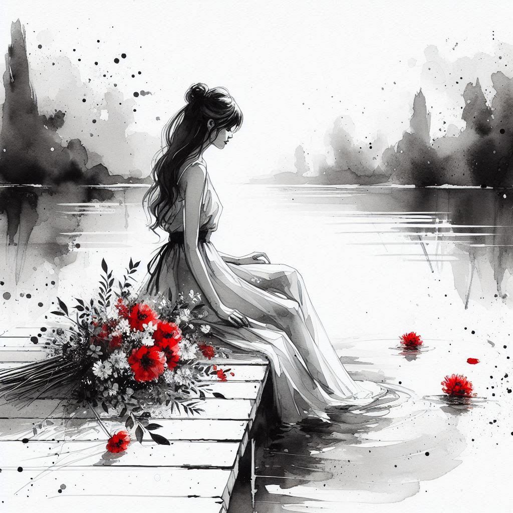 Beautiful girl sitting on the dock, cooling her feet