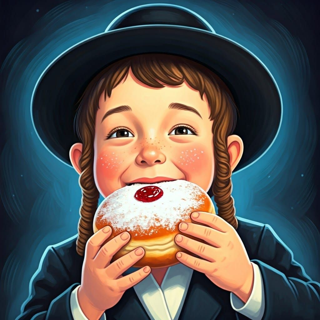 Chasidic Boy Enjoys Fluffy Sufganiyah in Vibrant Hanukkah Sc...
