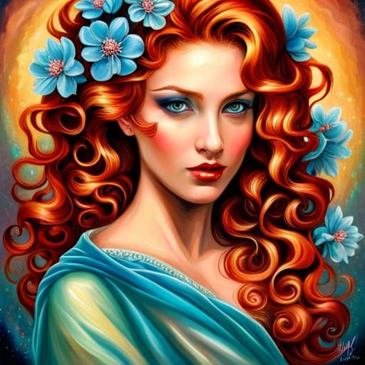 Gorgeous curly red-headed goddess, iridescent glittering fab...
