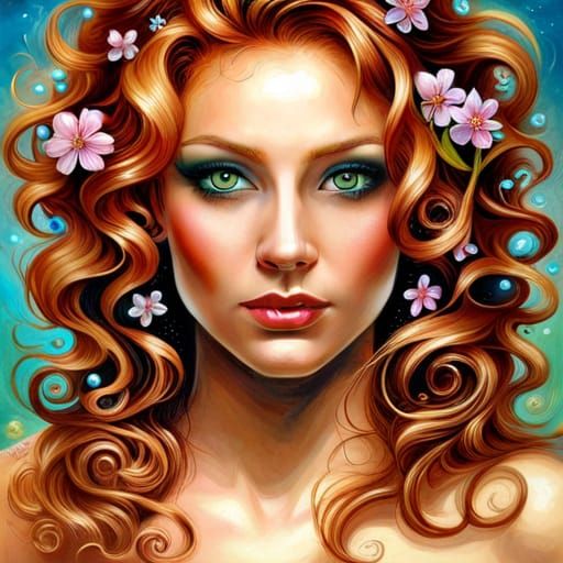 Gorgeous curly red-headed goddess, iridescent glittering fab...