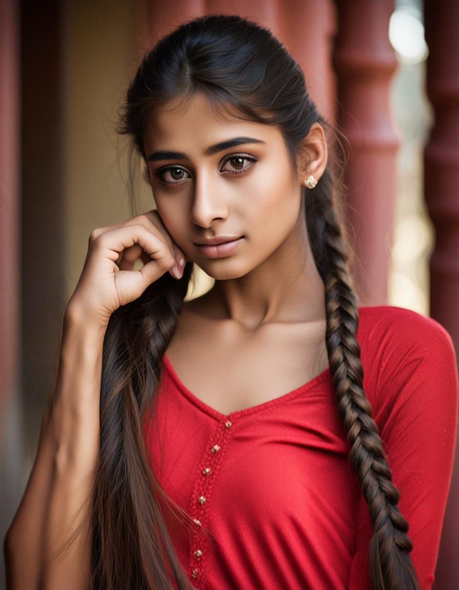 Portrait of a beautiful 18 year old girl. Her long plaited h...