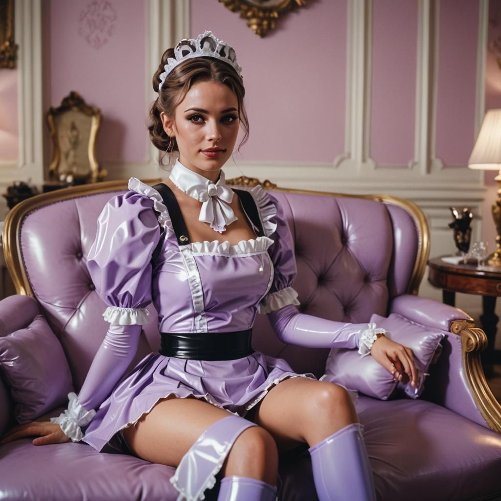 Woman in Latex Maid Outfit in Mansion