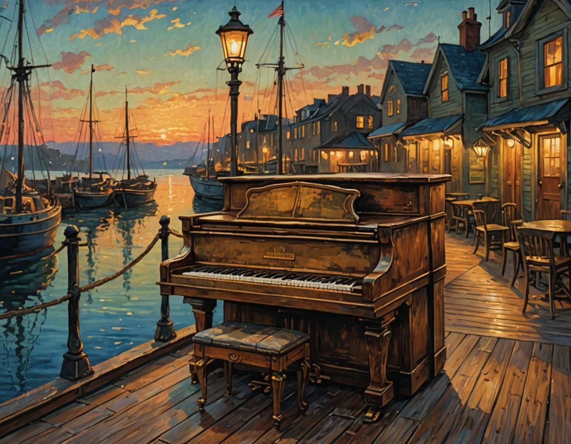 A rustic piano is placed on a ship’s deck. The ship rests in a quiet harbor at dusk. Distant street lamps give the scene a golden hue.
Style...