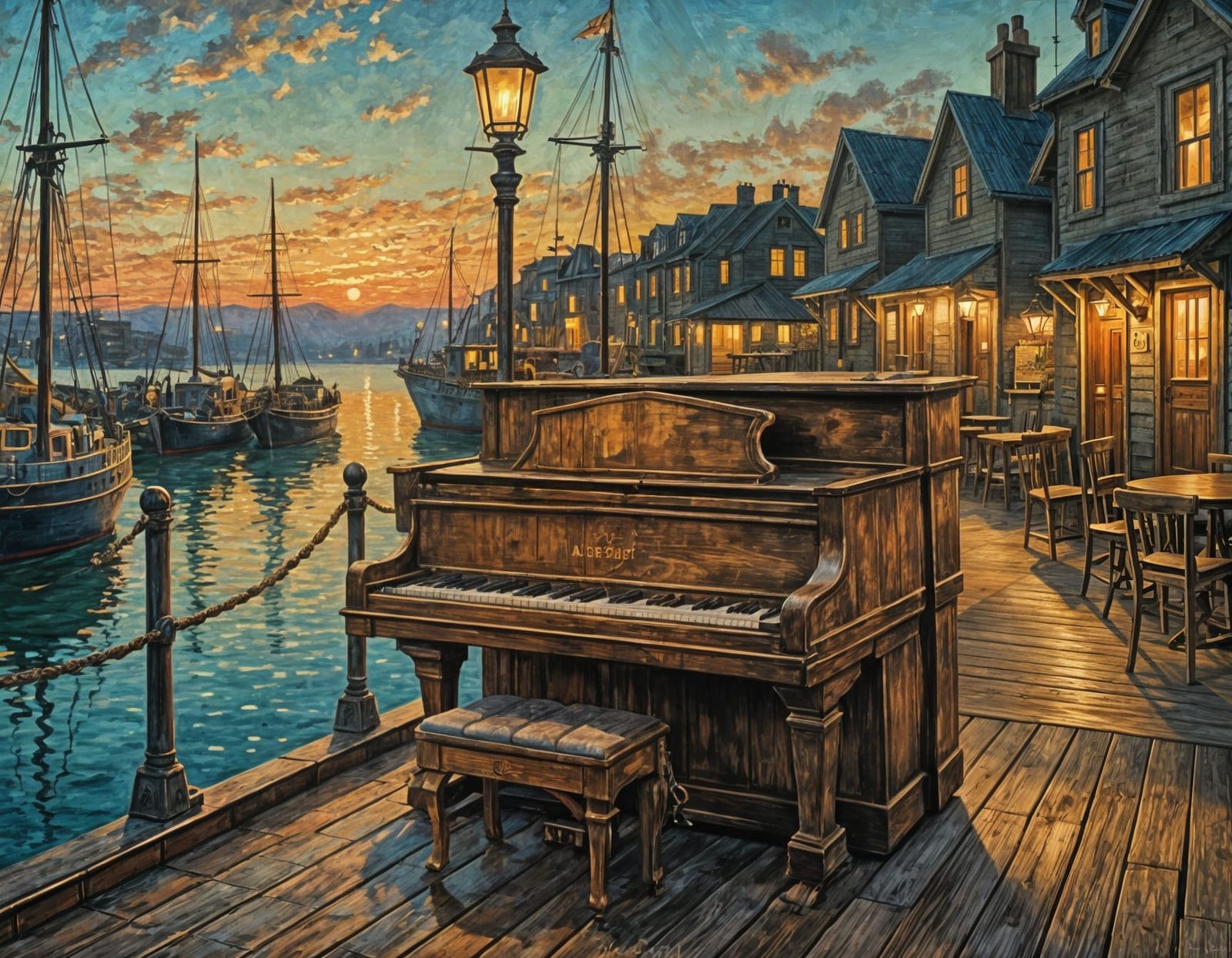 A rustic piano is placed on a ship’s deck. The ship rests in a quiet harbor at dusk. Distant street lamps ...  by @ZoE
