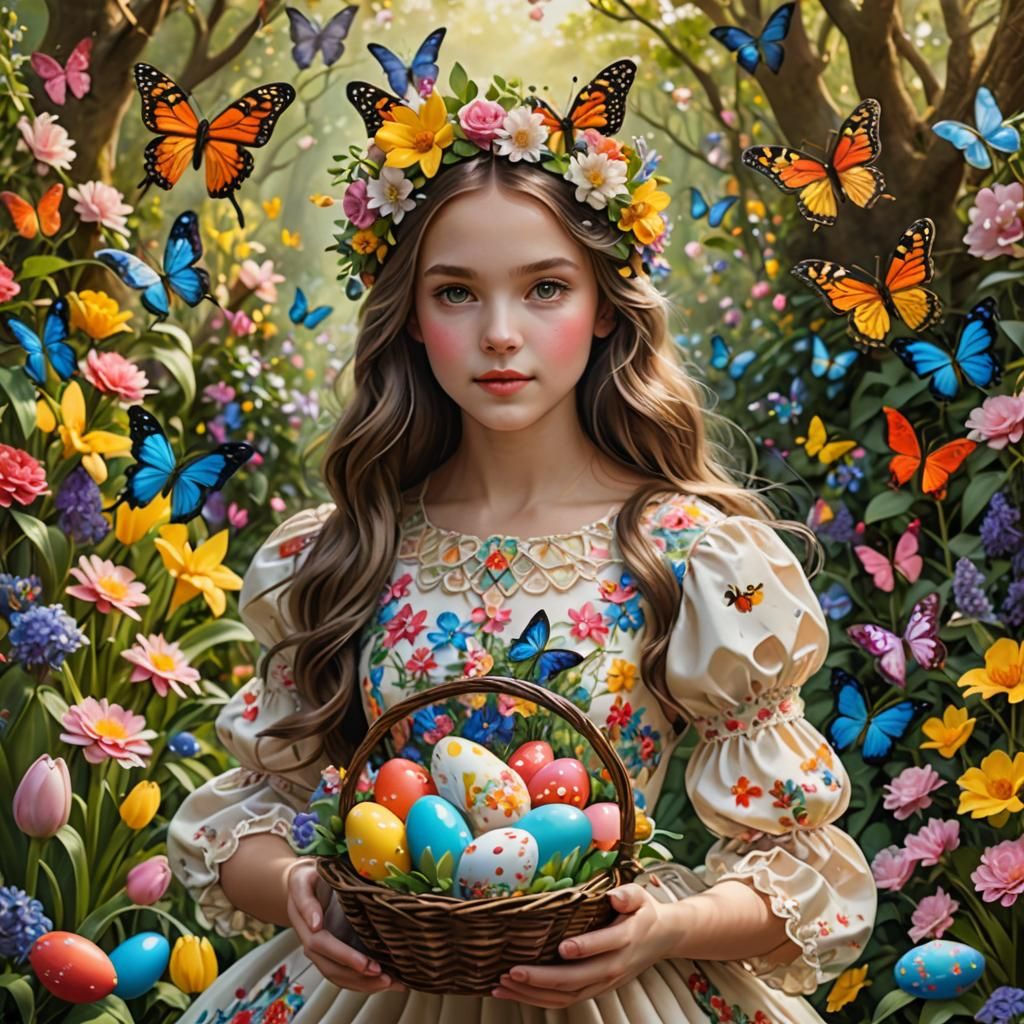  girl with easter basket in garden.   by @Noah Koeppl