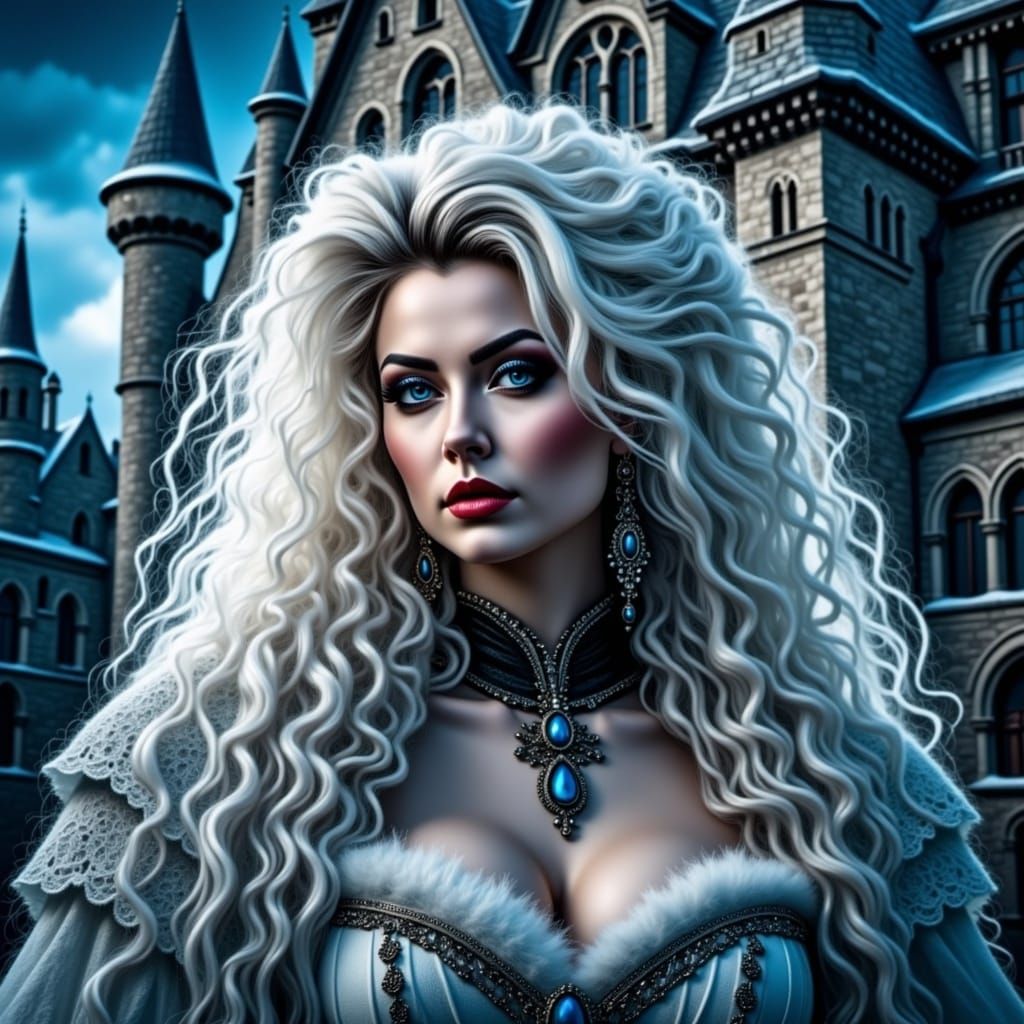 half-body headshot, beautiful gothic white winter sorceress queen with very big curly dark black windswept hair with white and blue highligh...