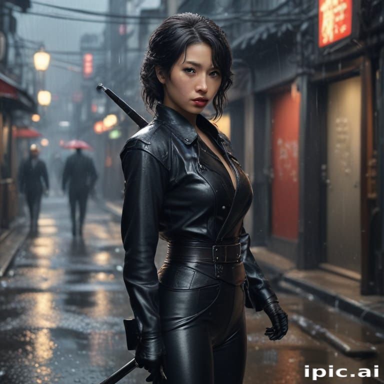Female japanese assassin in a leather outfit, scene developm...