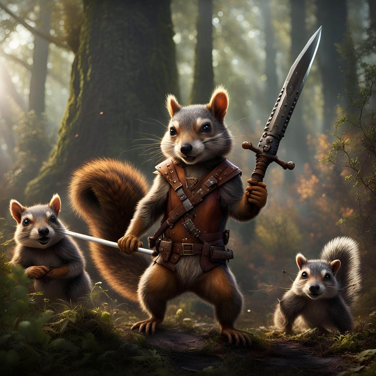 Woodland creatures at war, squirrels vs. raccoons, spears, knives - AI ...