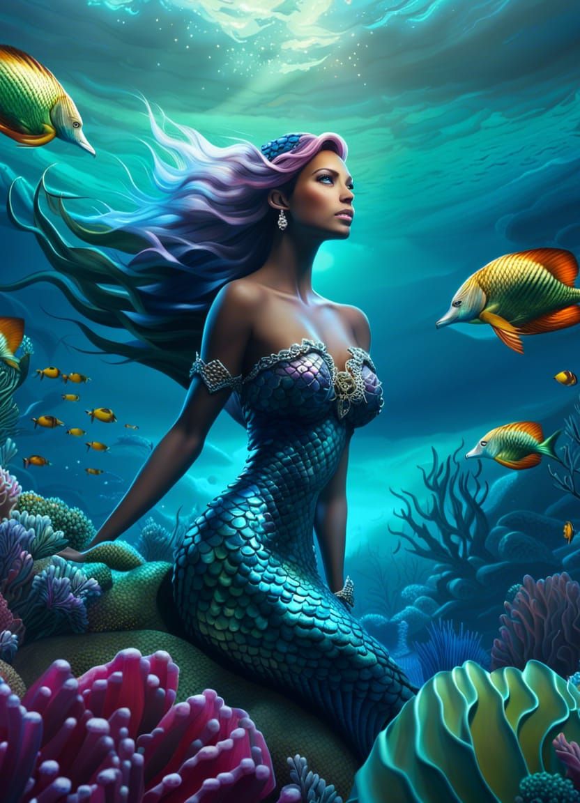 Beautiful Mermaid in a Tropical reef in a stormy lagoon full of beautiful realistic mermaids. stormy ...  by @Nathan Bundick