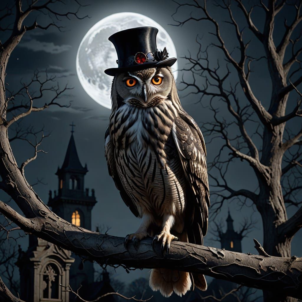 Surrealism. Full shot. A majestic owl adorned in a detailed vampire cape and a tiny top hat, perched on a gnarled, ancient branch under a fu...