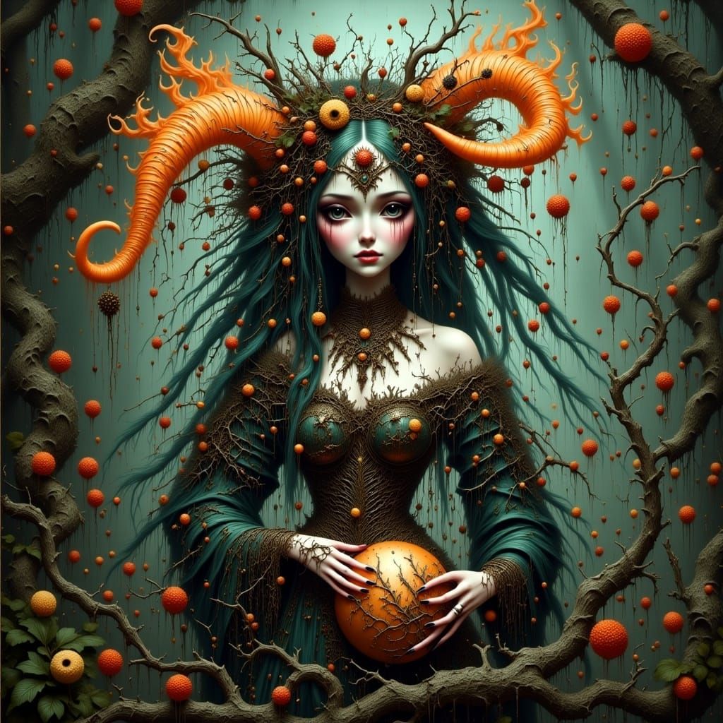 <lora:Macabre:1.0>  "by Yoji Shinkawa, Ismail Inceoglu, Yoshitaka Amano, Wlop, close-up beautiful forest queen with burning horns in enchant...