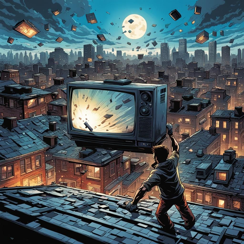 Throwing television off the roof top AI Generated Artwork NightCafe