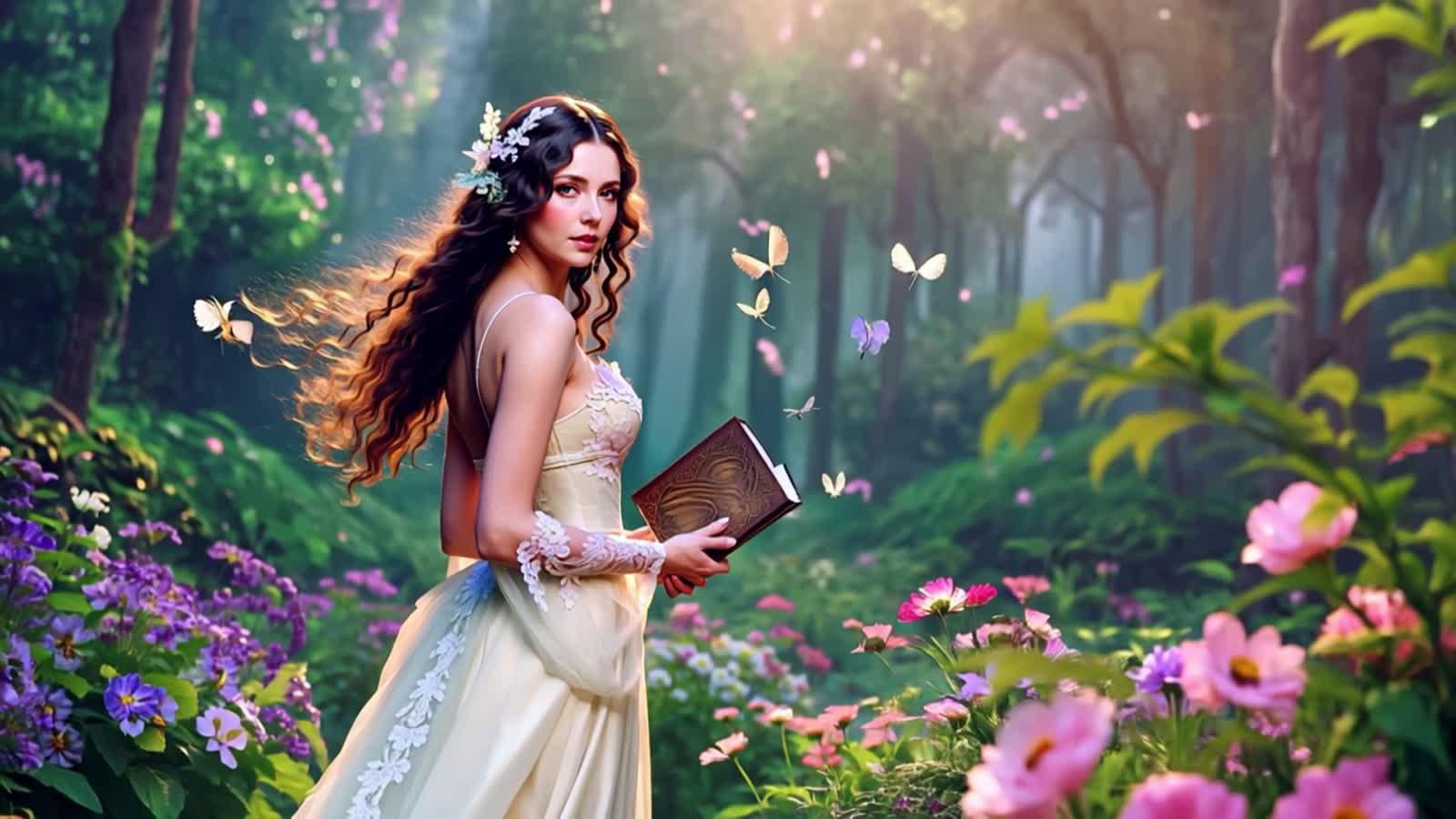 Digital painting. A serene woman with flowing hair, adorned with delicate butterflies, stands in an enchanted garden bat...