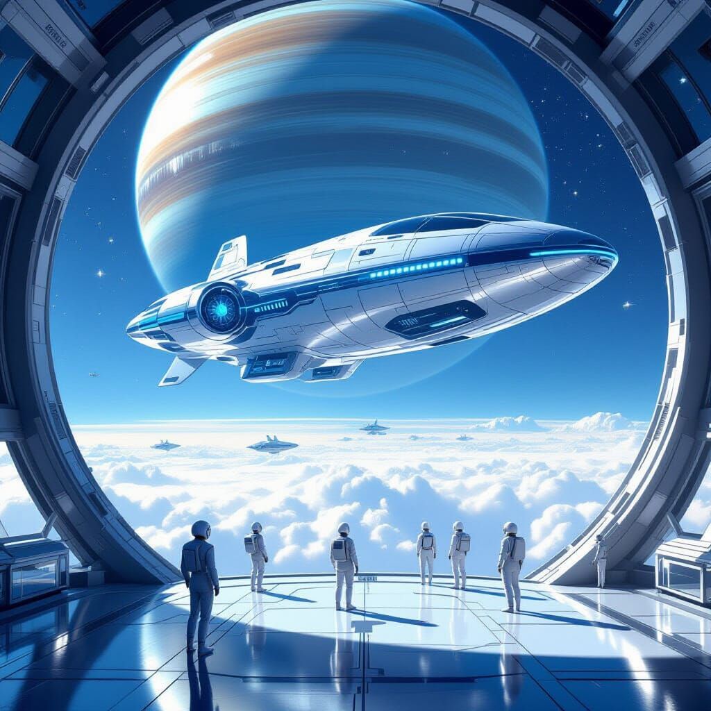 A grand, futuristic space academy, built from gleaming chrome and transparent alloys, floats serenely in orbit above a gas giant planet. Cad...