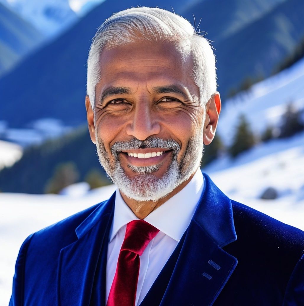 A friendly silver-bearded man wearing a blue velvet suit
