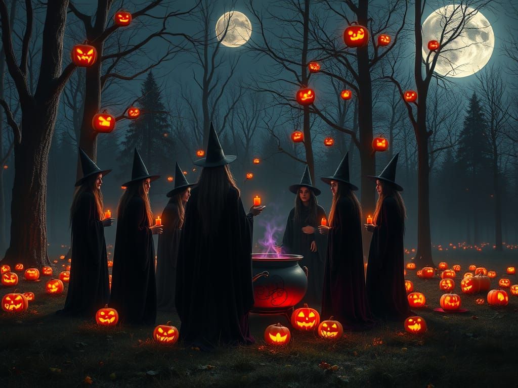 A moonlit forest clearing on a crisp autumn night, surrounded by towering trees adorned with glowing jack-o-lanterns, is the backdrop for a ...