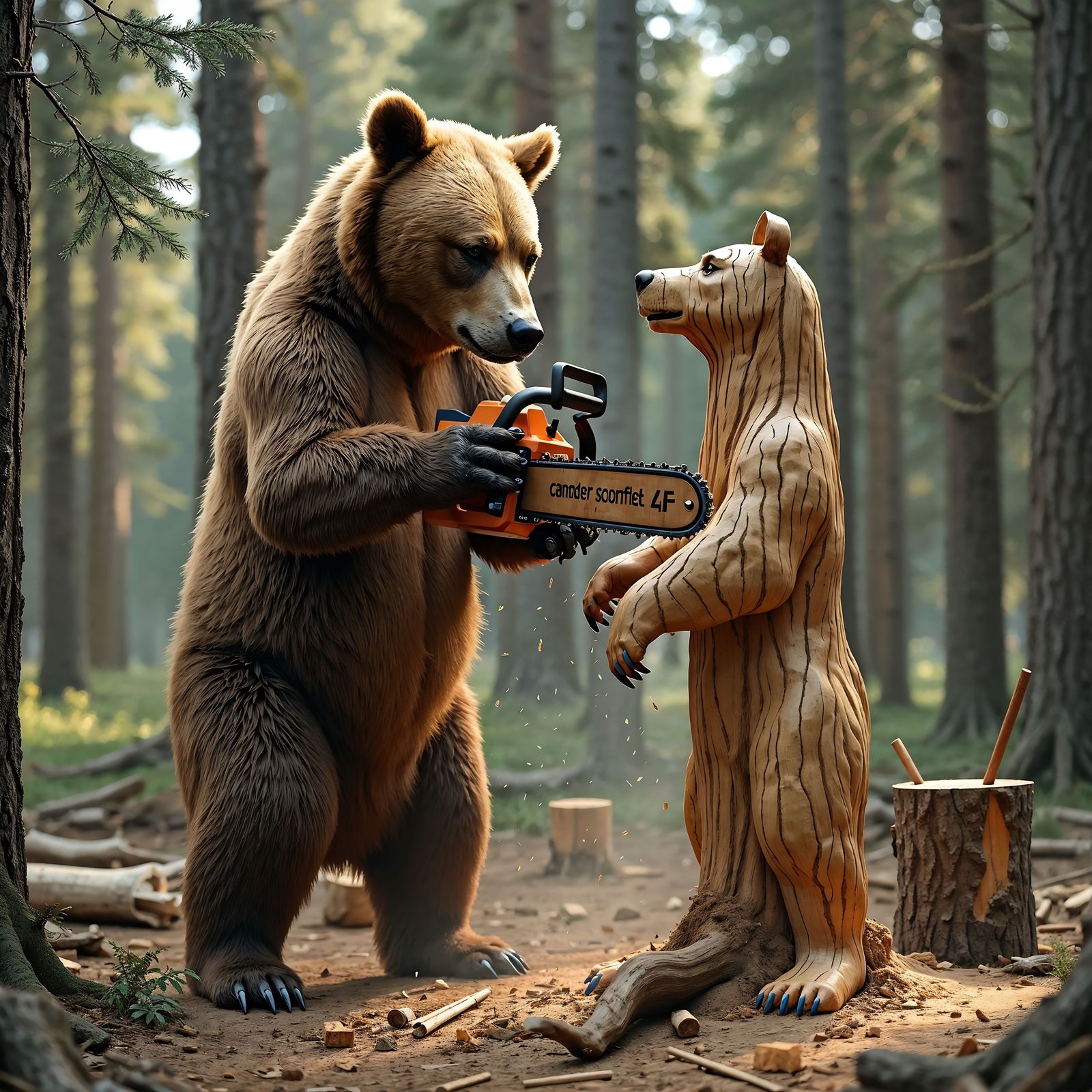 Brown bear carving a chainsaw bear
