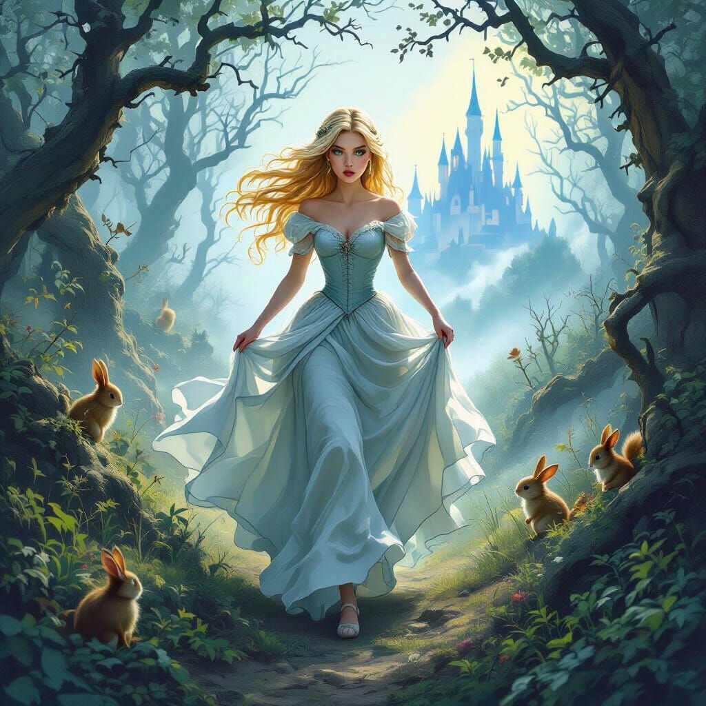 A slender blonde, green eyed princess running through a spooky forest. She has a slightly concerned look. There are woodland creatures of all kinds peeki...
