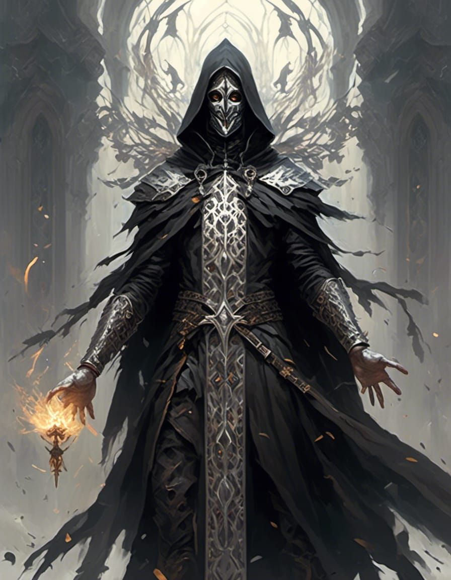 <lora:RPG Portraits:1.0> Catholic Priest wearing an ornate silver mask and black hood.  He is coursing with heanly power, with a magical cr...