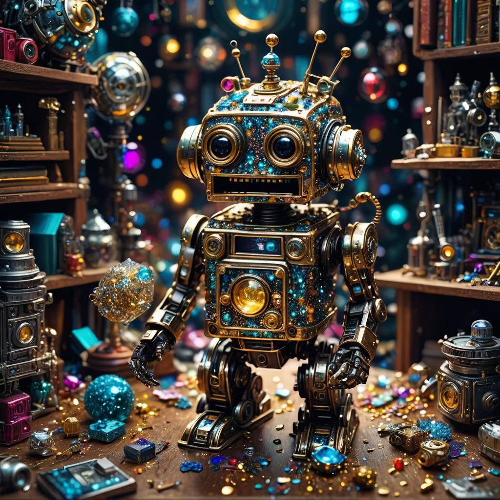 "Portrait of a tiny laughing glitter robot on wizard's desk"...